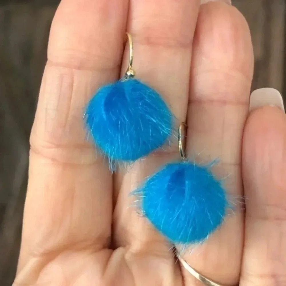 Teal Fuzzy Furry Pom Pom Drop Earrings NWT